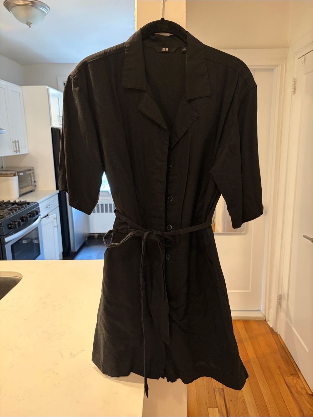 Uniqlo Black Button-Front Short Sleeve Romper with Waist Tie